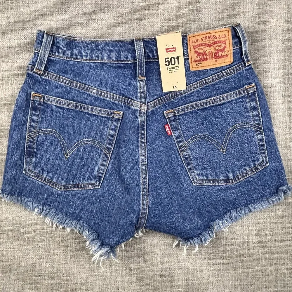 Levis 501 Womens High-Rise Denim Shorts Size 26 Frayed Hem Classic Blue Wash. - Picture 2 of 13